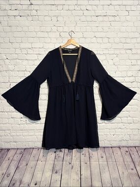 Flowy Navy Bell-Sleeve V-Neck Dress